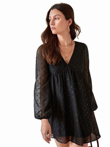 

frenchy swiss dot lantern sleeve smock dress x33h#, Black;gray