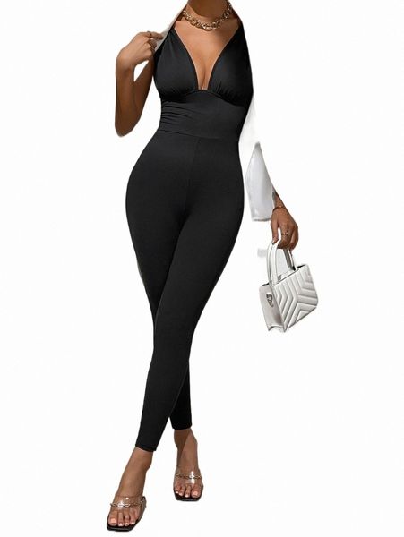 

solid plunge neck unitard jumpsuit p24l#, Black;white