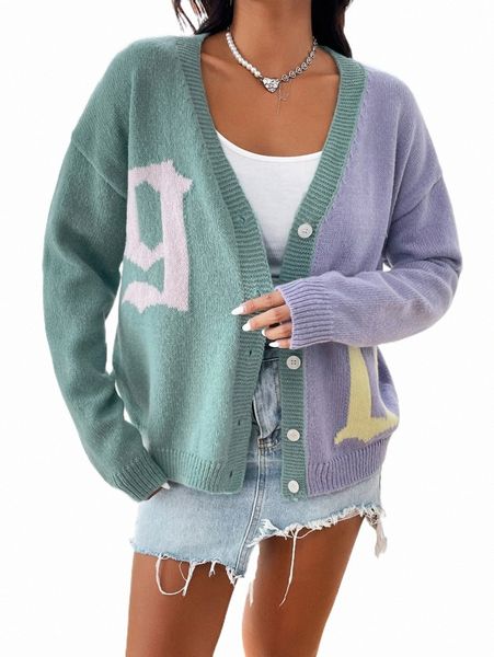 

colorblock letter pattern button front drop shoulder cardigan f4ft#, White;black