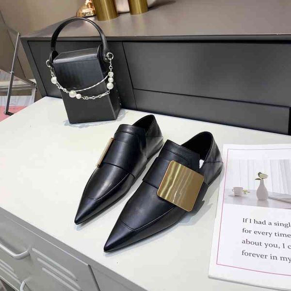

women's dress shoes leather spring shoes flat and sharp simple series, Black