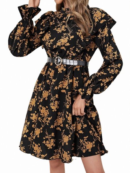 

floral print ruffle trim flounce sleeve dress without belt p8il#, Black;gray
