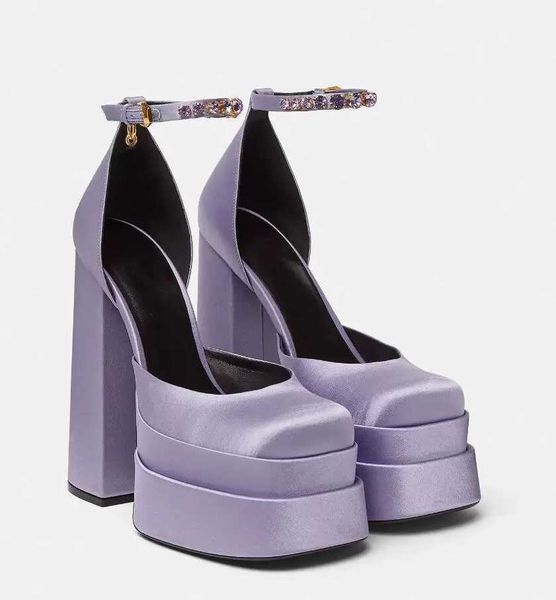 

2022s elegant summer aevitas platform sandals shoes satin lady pumps ankle strap with rhinestones women high heels eu35-42 box, Black