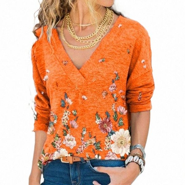 

women's t-shirt women vintage flower printed t shirt 2021 spring casual loose v-neck 5xl office lady plus size long sleeve tee clothes, White