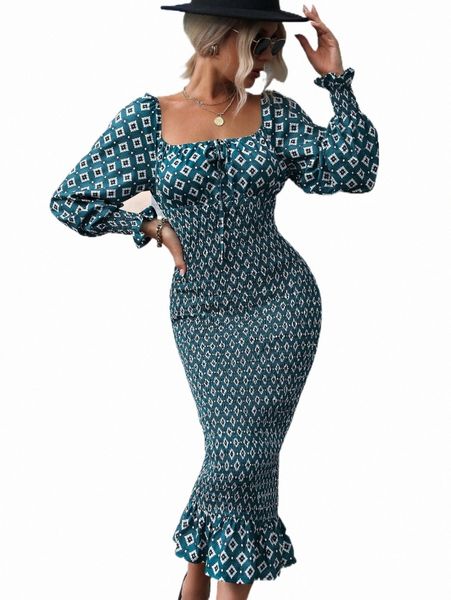 

allover print square neck bishop sleeve shirred mermaid hem dress 45bq#, Black;gray