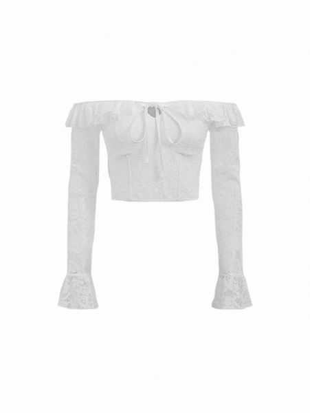 

mod off shoulder ruffle trim knot front crop lace k3mh#, White