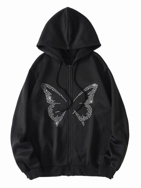 

rhinestone butterfly drawstring zip-up thermal lined hoodie b3ck#, Black