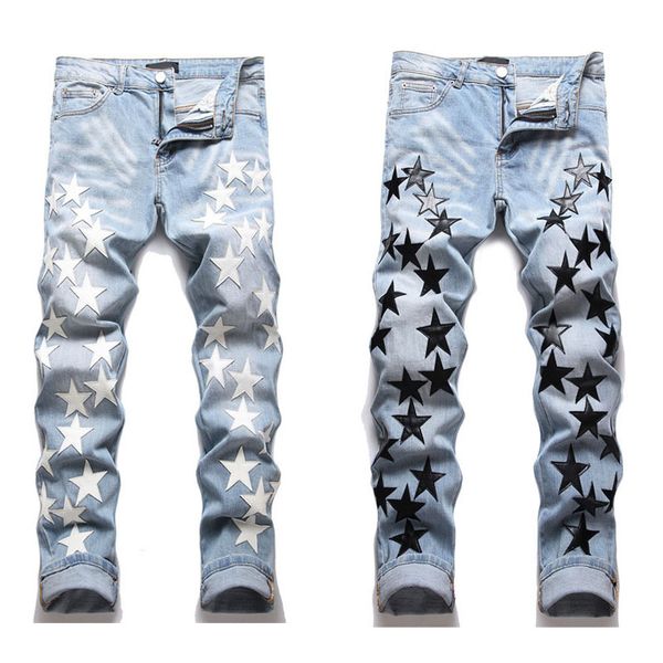 

designer jeans for men slim fit high street trousers with pocket full star patchwork ripped hole knee boys blue pants pour hommes big yards