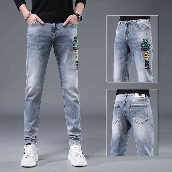 

men's jeans european jeans men's summer fashion brand personalized bear letter embroidery korean slim legged long pants 8q2q, Blue