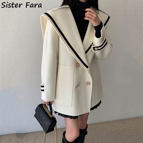

sister fara autumn sailor collar blazer long sleeve jacket women double breasted winter thicken warm coat loose blazers 220818, Black;brown