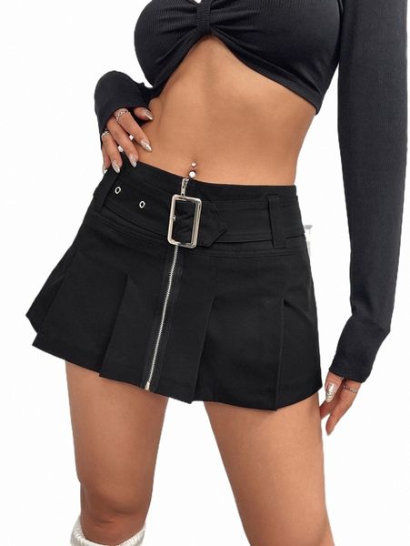 

zip up belted pleated skirt v3bl#, Black