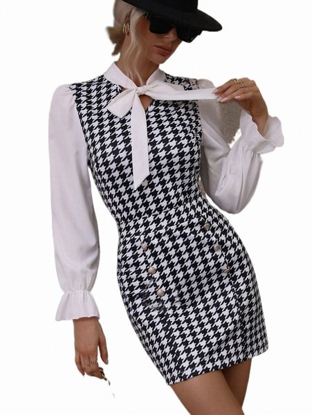 

houndstooth flounce sleeve tie neck blouse & bodycon skirt s81b#, White