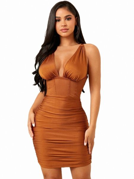 

sxy plunging neck criss cross back ruched bodycon dress w4b7#, Black;gray