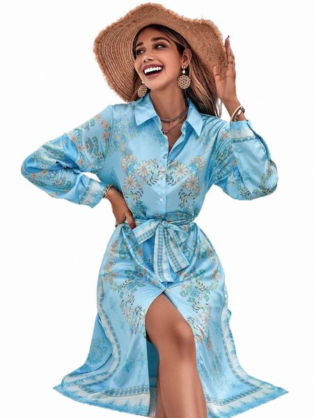 

floral print belted shirt dress l7uf#, Black;gray