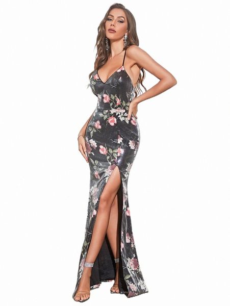

floral print split thigh backless sequin cami dress k0ct#, Black;gray