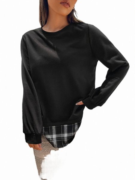 

contrast plaid hem sweatshirt g5w7#, Black