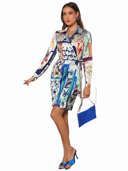 

palm tree & animal print belted satin dress n37s#, Black;gray