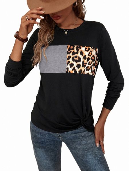 

leopard print colorblock twist hem tee 38ke#, White