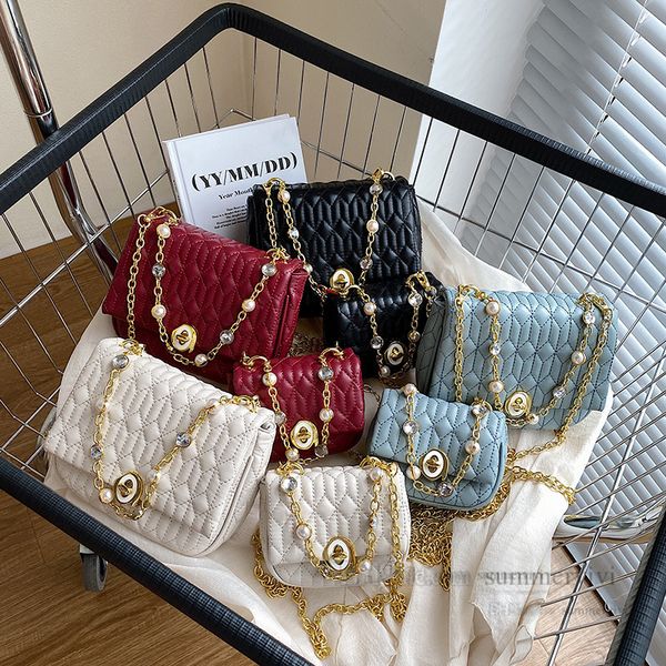

lady style children diamond lattice quilted handbags girls peals rhinestones chain single shoulder bag mommy and me matching bags q7946, Black