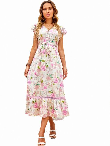 

floral print belted a-line dress a44e#, Black;gray