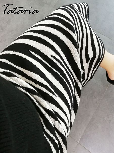 

zebra print skirts for women autumn winter long knitted skirt with slit elegant slim midi pencil wrap skirts womens party 220818, Black