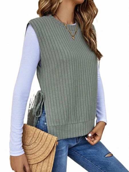 

ribbed knit split hem knot side tank without tee z2h2#, White