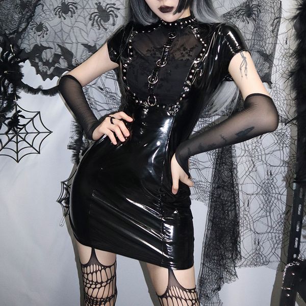 

casual dresses dark flocking stitching rivet dress female, Black;gray