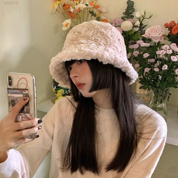 

w20 hat female korean versionsweet japanese plushfisherman hat round facethickenedwarm flat head hat autumn and winte y220818, Blue;gray