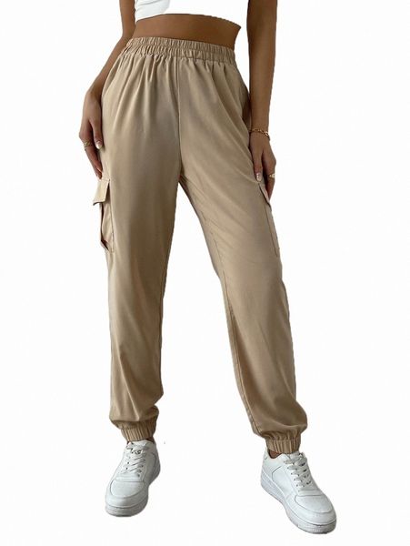

flap pocket elastic waist cargo pants p3rj#, Black;white