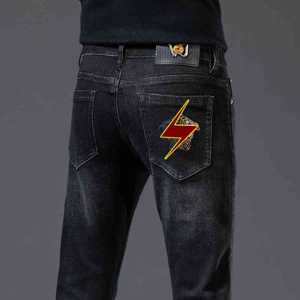 

men's jeans high end men's medusa embroidered jeans autumn and winter fashion brand slim straight pants t8ka, Blue