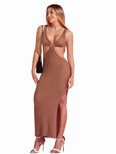 

x gabi martins cut out plunge neck slit thigh dress 21ye#, Black;gray