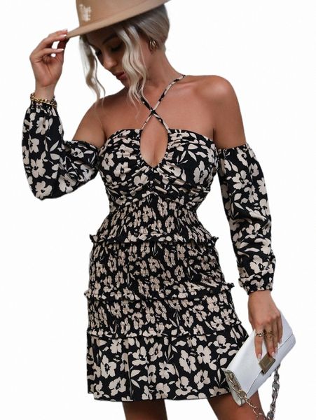 

allover floral print crisscross tie back lantern sleeve dress j3cj#, Black;gray