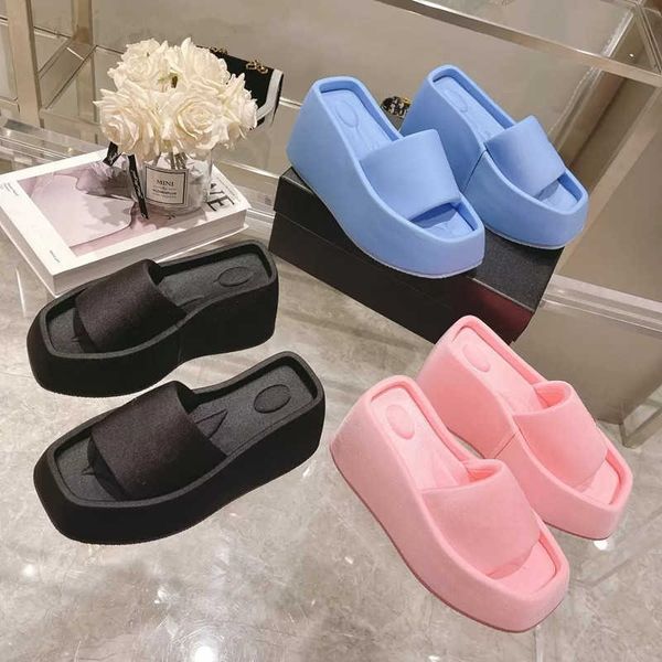 

10cm platform wedge slippers women luxurys aw high heel sandals pu foam thick bottomed beach shoes elevate open-toe pool slides solid square, Black