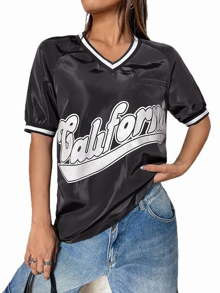 

letter graphic contrast trim raglan sleeve blouse 58o0#, White