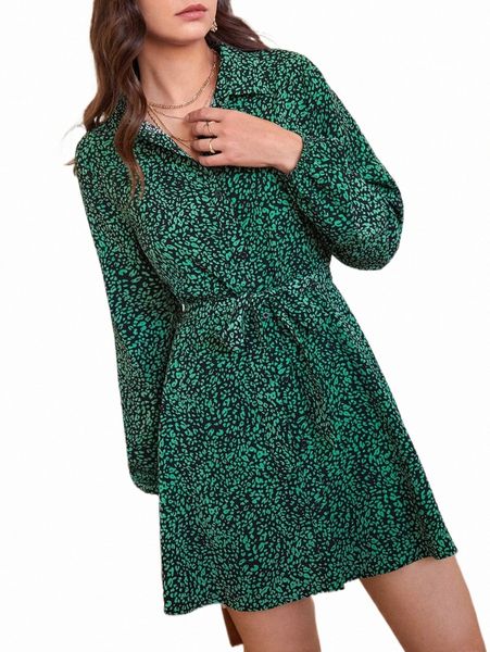 

frenchy leopard print lantern sleeve belted shirt dress u2y1#, Black;gray