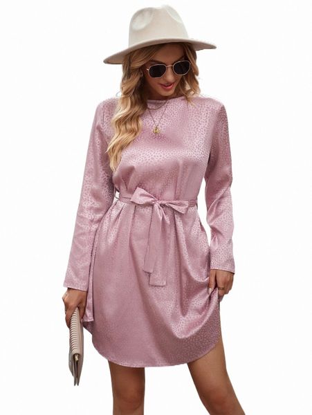 

satin jacquard keyhole back belted dress y21c#, Black;gray
