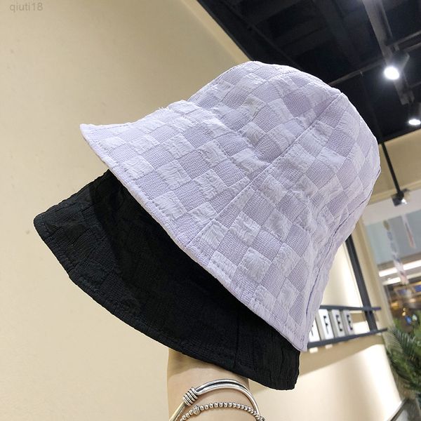 

2022 new summer checkerboard seersucker bucket hat women's simple ins sunscreen shade drawstring outdoor casual bob caps y220818, Blue;gray