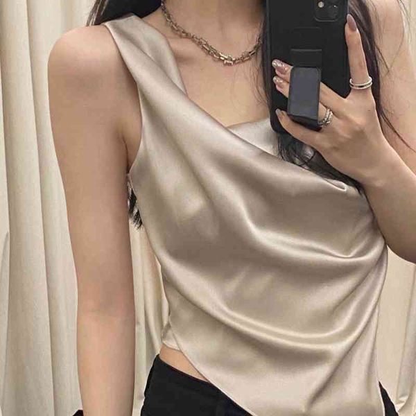 

women's knits tees summer niche design wind pleated satin vest women's small suspender short u80d, White