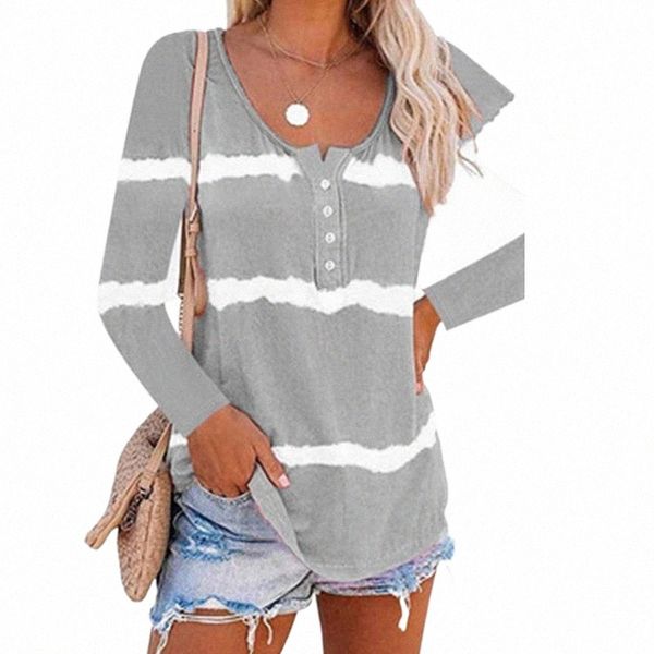 

casual women tie-dye print t-shirt spring autumn long sleeve girls loose buttons t shirts plus size women's 72mc#, White