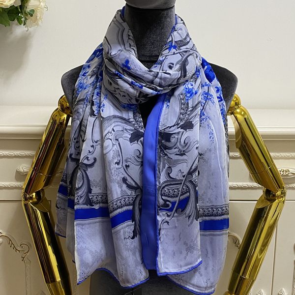 

women's long scarf double layer design print flowers 100% silk material shawl scarves size 170cm - 62cm, Blue;gray