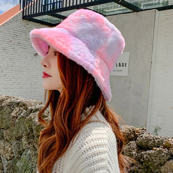 

tie-dyeing winter bucket hat leopard cow print plush warm women panama cap fashion furry outdoor girl fisherman's sun hats y220818, Blue;gray