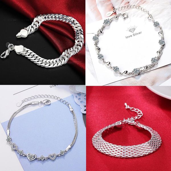 

fashion 925 stamp strand silver color weave heart bracelets on hand zircon bangles bracelet for women wedding vintage jewelry female, Black