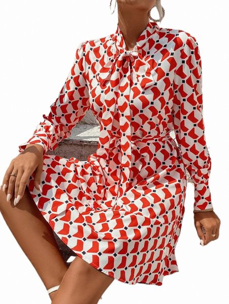 

allover print tie neck dress 440w#, Black;gray