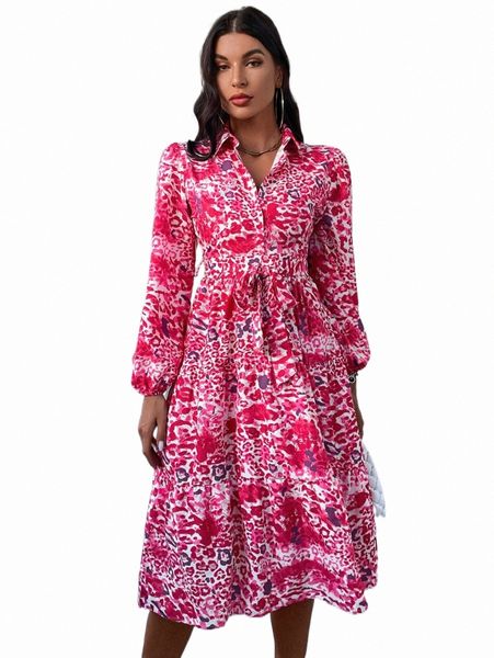 

allover print bishop sleeve belted shirt dress x16g#, Black;gray