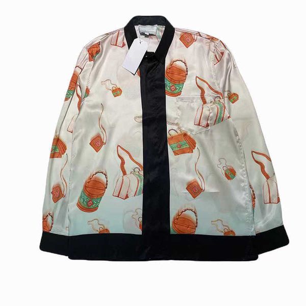 

europe usa hawaii beach silk tee allover handbag print spring summer cool hip hop long sleeve casual shirt, Black;brown