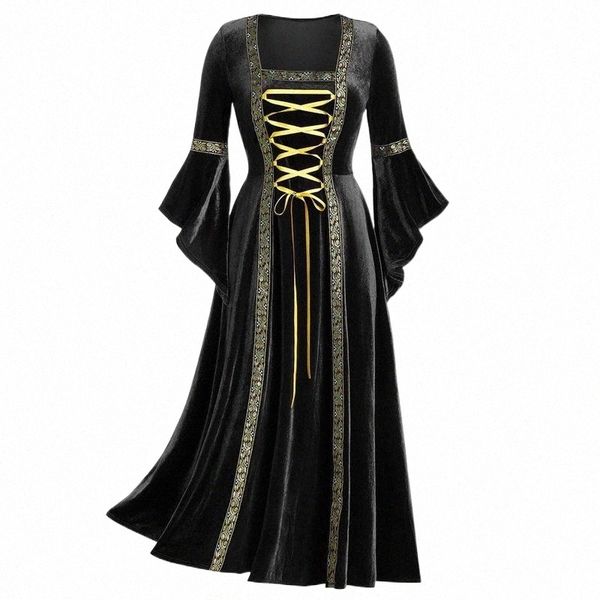 

casual dresses 2021 vintage gothic bandage women dress flare sleeve floor length goth vampire witch medieval renaissance cosplay q6lw#, Black;gray