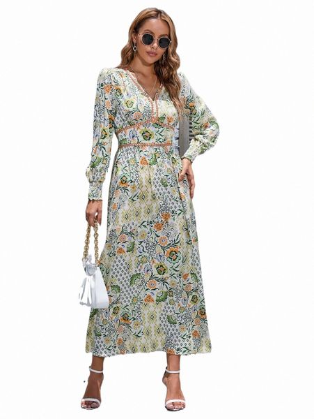 

floral print shirred waist lantern sleeve dress k1pw#, Black;gray