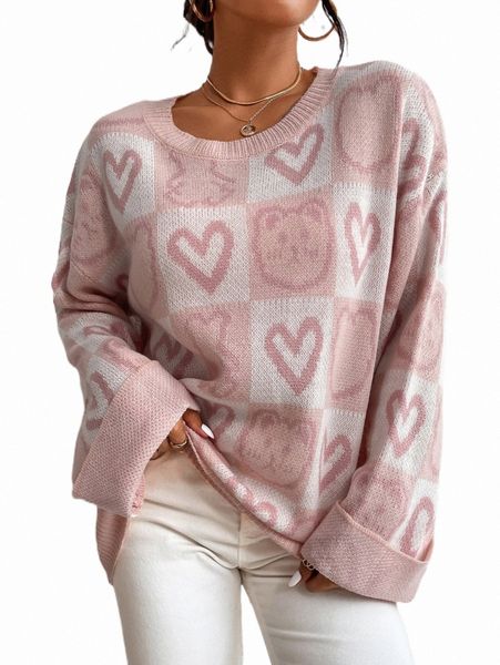 

cartoon & heart pattern drop shoulder sweater m6jv#, White;black
