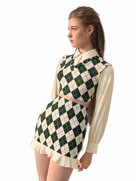 

mod argyle pattern polo neck tee & ruffle hem skirt d6mb#, White