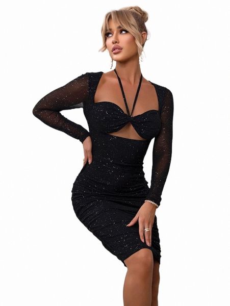 

joyfunear cut out twist front glitter bodycon dress o12q#, Black;gray