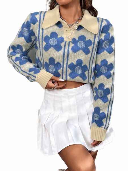 

striped & floral pattern polo neck sweater u9gl#, White;black